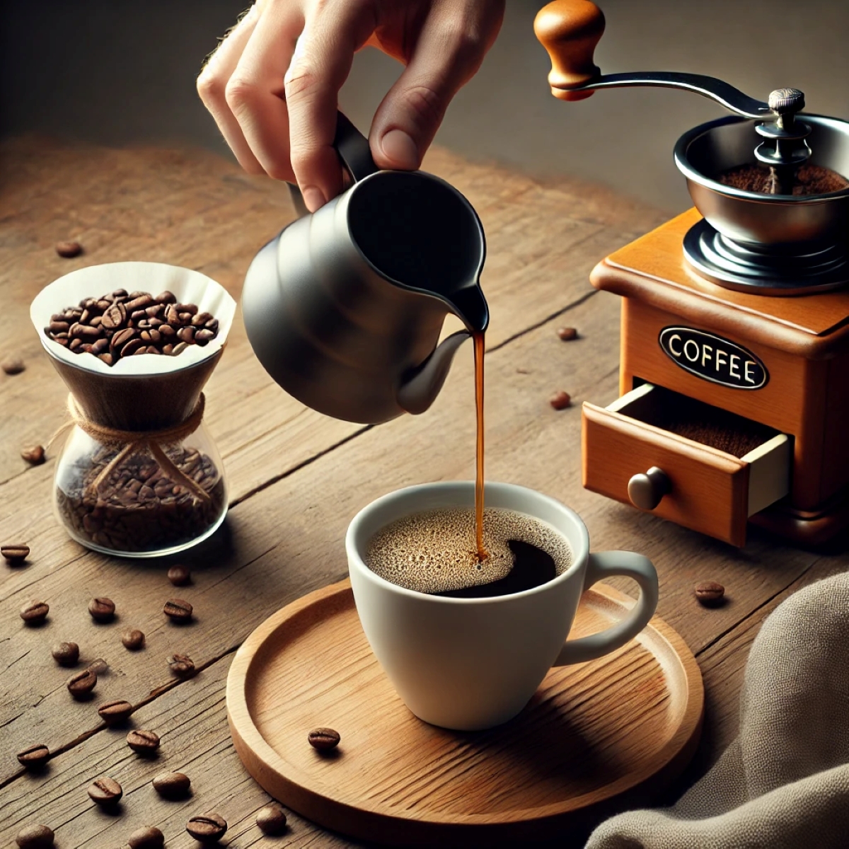 A hand pours freshly brewed coffee into a white cup on a wooden table, surrounded by scattered coffee beans, a manual coffee grinder, and a Chemex filled with roasted beans.
